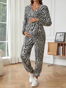 SHEIN 孕婦斑馬條紋交疊領連身褲 - 杏色 - 查看 1