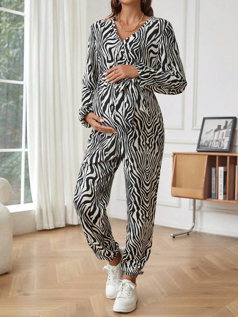 SHEIN 孕婦斑馬條紋交疊領連身褲 - 杏色 - 查看 1