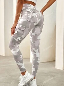 Camo Print Flap Pocket Side Running Yoga Stretch Leggings