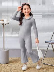 SHEIN 女孩拉鍊設計的麻花針織連身衣 - 灰色 - 查看 1