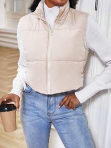 SHEIN Essnce Zip Up Puffer Vest Coat - Apricot - View 5
