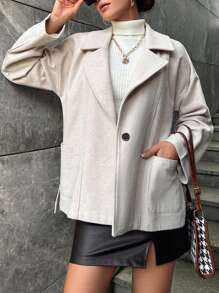 RueChic Lapel Neck Drop Shoulder Open Front Overcoat - Beige - View 5