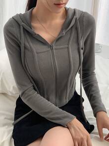 DAZY 拉鍊式抽繩連帽短版運動衫 - 深灰色 - 查看 4