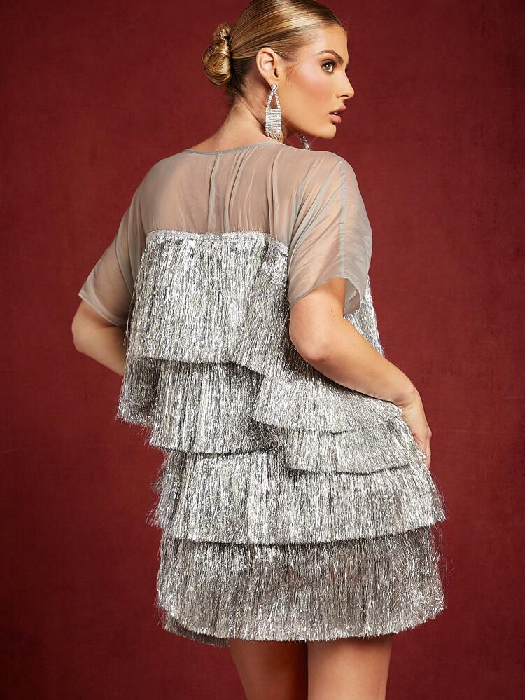 Contrast Layered Metallic Fringe Mini Dress