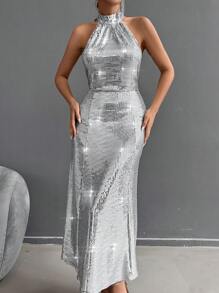 EURMUSE Vestido Plateado De Lentejuelas Para El Cuello Halter Para Mujer, Ideal Para Fiestas - Plateado - Ver 4