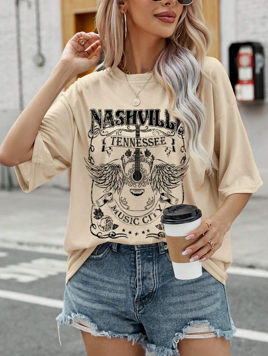 INAWLY 女士翅膀与字母印花落肩 T 恤 图案 T 恤 女士上衣 - 卡其色 - 查看 1