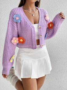 SHEIN Qutie 立體花卉落肩袖開襟衫 - 彩色 - 查看 1