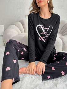 Conjunto De Pijama Con Estampado De Corazón Y Eslogan - Negro - Ver 3