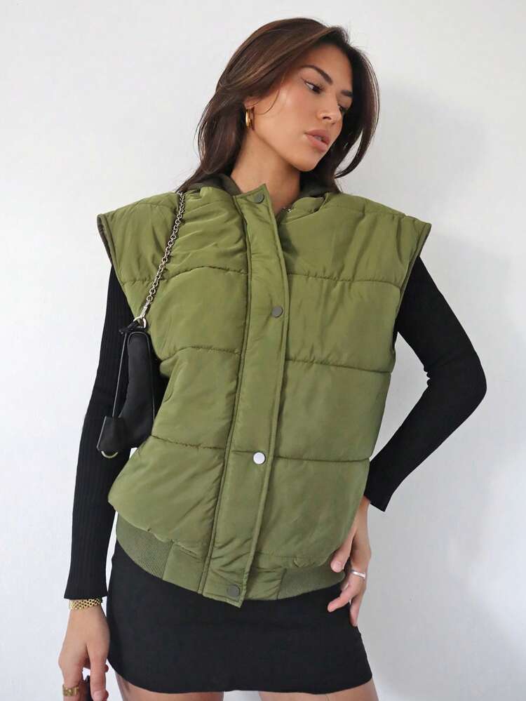 Solid Button Front Vest Padded Coat