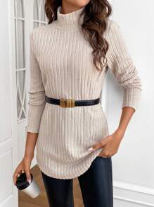 SHEIN Frenchy 高領羅紋針織T恤不附腰帶 - 杏色 - 查看 3