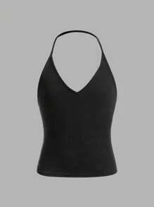 SHEIN 3pcs/Set Tween Girls Athletic Street Style Solid Color Halter Crop Top, V-Neck Snug Fit Tank Top (Black-White-Army Green) - Multicolor - View 5