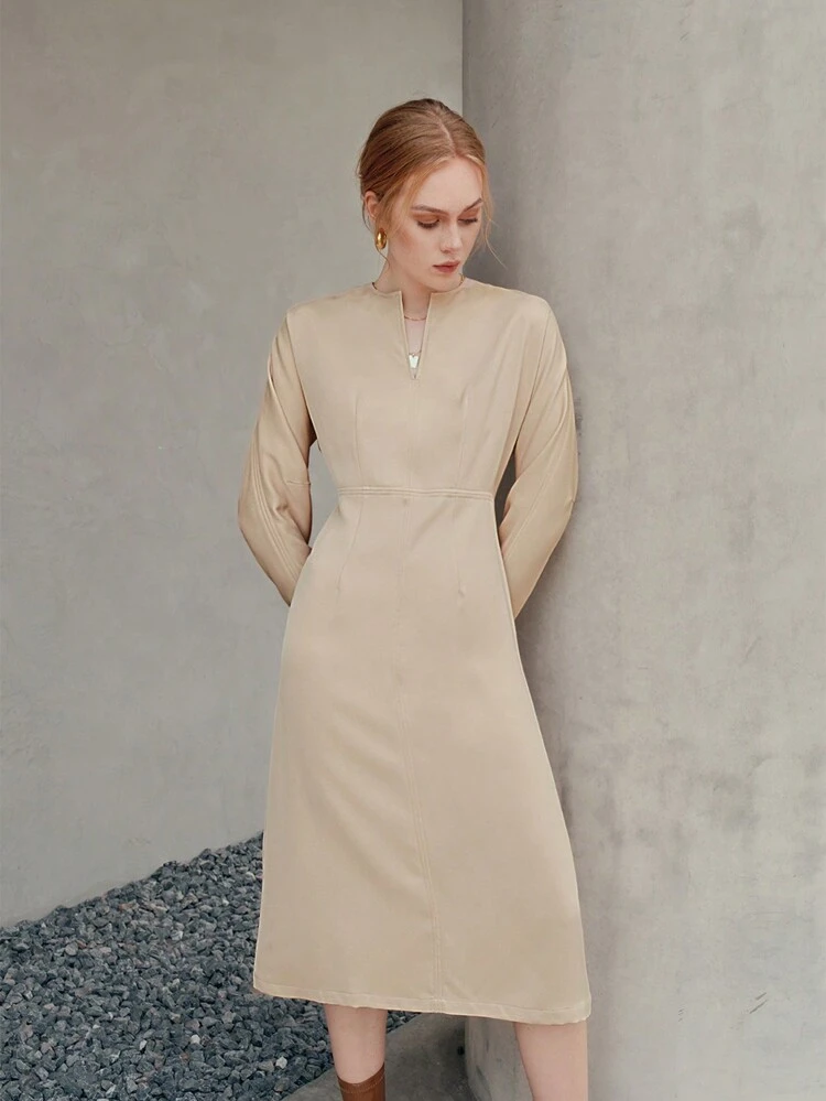 Solid Color Notched Collar Waist Shaping Elegant Dress Maxi Women Outfit
