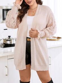 Calvaya Plus Size Contrast Pointelle Knit Drop Shoulder Cardigan - Apricot - View 6