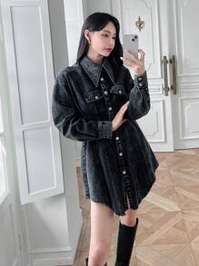 SHEINNeu Drop Shoulder Flap Detail Shirt Dress - Black - View 1