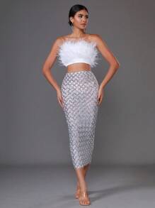 Modphy 羽毛仿真性感無肩帶鑲珠修身連身裙套裝 - 銀色 - 查看 1