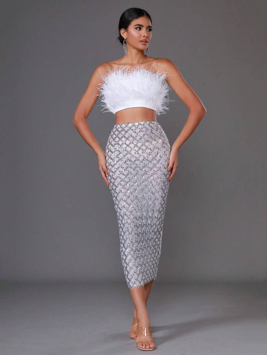 Modphy 羽毛仿真性感無肩帶鑲珠修身連身裙套裝 - 銀色 - 查看 1