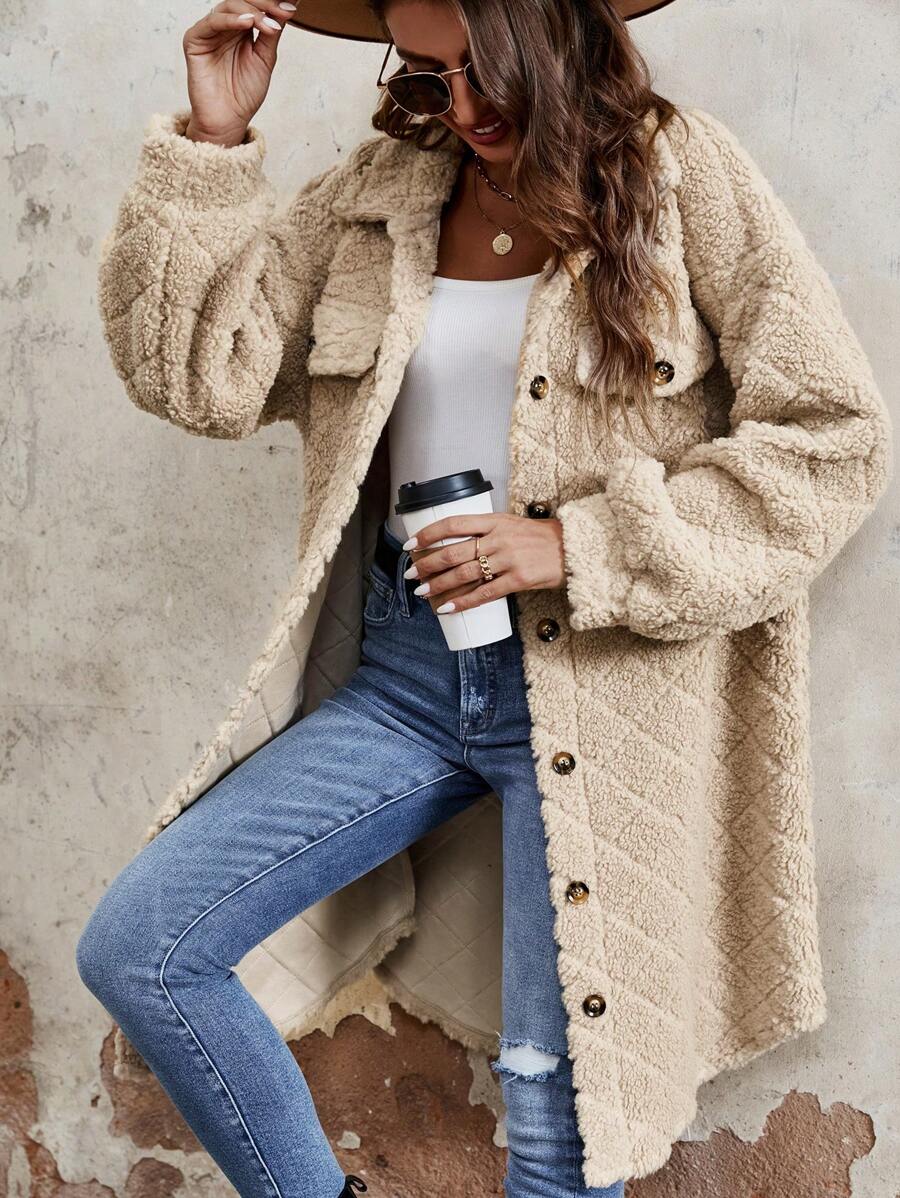 SHEIN LUNE 翻蓋細節落肩袖絨毛外套 - 卡其色 - 查看 1