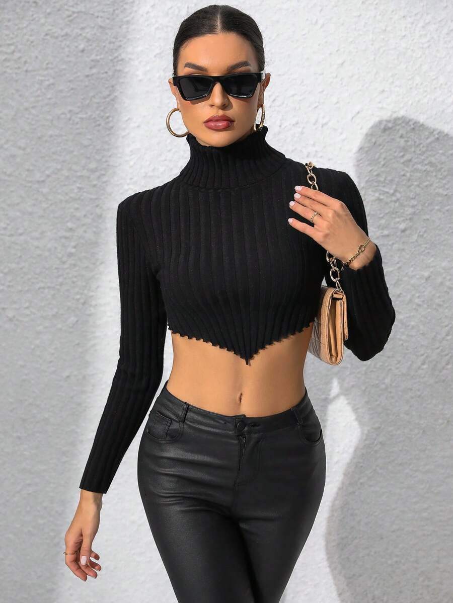 Zolique High Neck Asymmetrical Hem Crop Knit Pullover Fall Winter Sweater - Black - View 1
