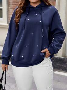 Celure Plus Size Pearls Beaded Drop Shoulder Drawstring Sweatshirt - Navy Blue - View 4