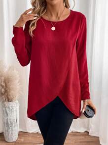 SHEIN LUNE 女士圓領不對稱下擺襯衫 - 酒紅色 - 查看 4