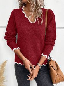 SHEIN Cottnline Của phụ nữ Tương phản Cắt vỏ sò Thả vai Áo len - Đỏ - Xem 6