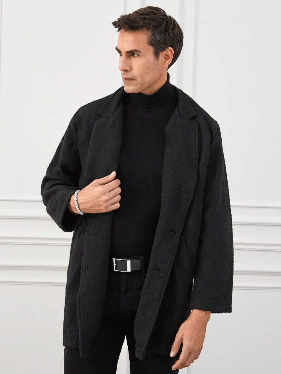 RueChic 男士純色羊毛料外套 - 黑色 - 查看 1