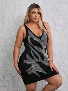 SHEIN SXY Plus Size Sequined Patchwork Bodycon Dress - Black - View 3