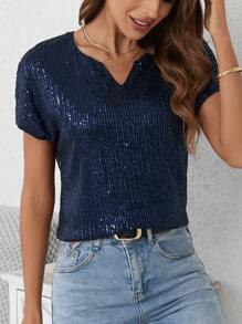 SHEIN Clasi 女性閃閃發光襯衫帶缺口領口 - 藏蓝色 - 查看 6