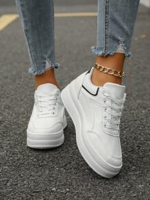女性時尚圓頭校園風運動鞋,厚底設計,綁帶,增高休閒運動鞋 - 白色 - 查看 4
