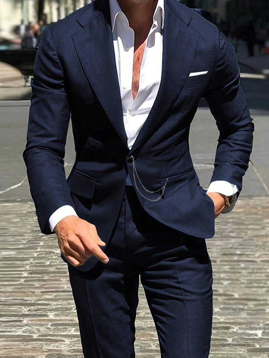 Manfinity Mode Men Lapel Neck Single Button Blazer & Suit Pants - Navy Blue - View 1