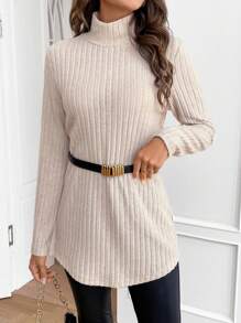 SHEIN Frenchy 高領羅紋針織T恤不附腰帶 - 杏色 - 查看 4