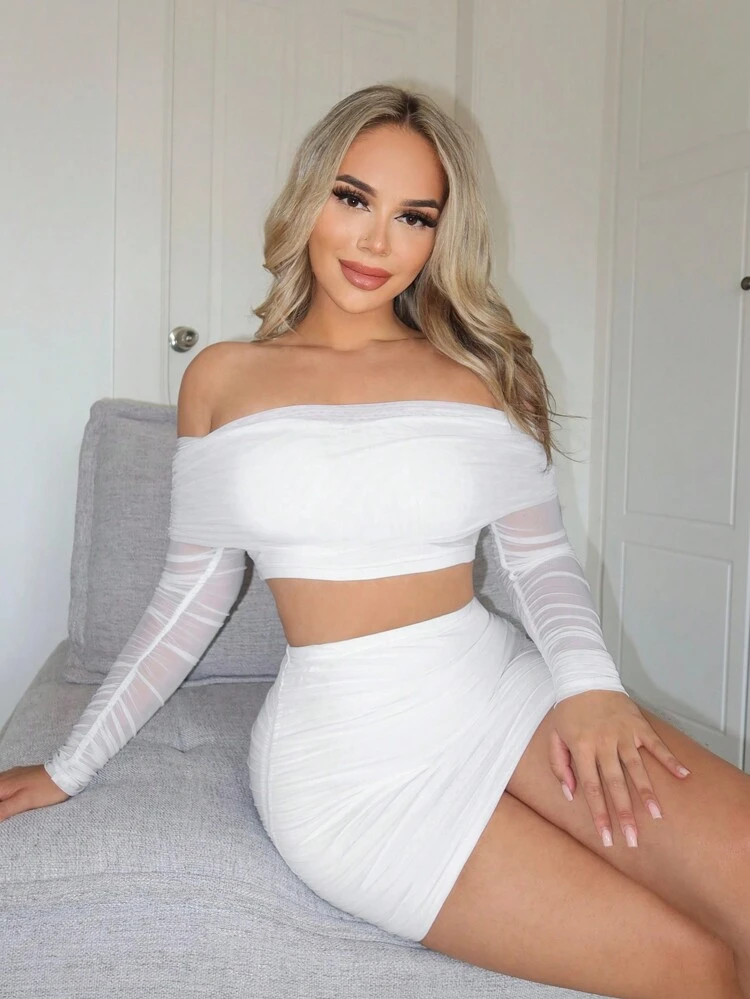 Women Co Ords Foldover Off Shoulder Ruched Crop Top & Bodycon Skirt