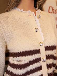 SHEIN Frenchy Women's Patchwork Hollow Out Embroidered Striped Button Down Cardigan - Multicolor - View 3