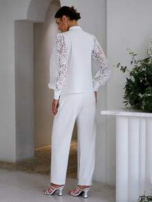 Sollinarry Women's Elegant Commuting Solid Color Lace Patchwork Pleated Long Sleeve Blouse, Autumn - White - View 2