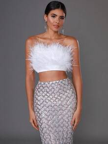 Modphy 羽毛仿真性感無肩帶鑲珠修身連身裙套裝 - 銀色 - 查看 3