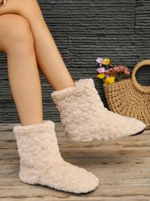 新款秋冬平底毛绒室内短靴，时尚静音防滑休闲男女通用家居拖鞋，毛茸茸的鞋子 - 駝色 - 查看 3