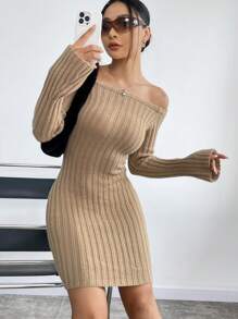 Flirla Vestido De Suéter Acampanado Y Cuerpo Ajustado Con Hombros Descubiertos