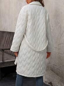 SHEIN LUNE 女士翻盖口袋纽扣系带冬季羽绒服 - 米色 - 查看 2