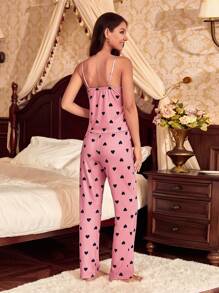 Women's Heart Pattern Printed Lace Trimmed Pajamas Set - Pink - View 2