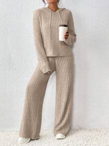 SHEIN Essnce 女裝休閒抽繩連帽毛衣及褲子套裝,落肩設計 - 杏色 - 查看 5