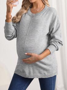 SHEIN 孕婦純色圓領長袖毛衣 - 灰色 - 查看 1