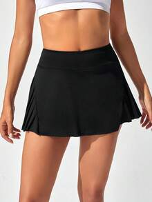 Tennis Casual Solid Pleated Sports Skort - Black - View 6