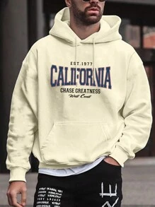 Men Letter Graphic Kangaroo Pocket Drawstring Hoodie - Khaki - View 3