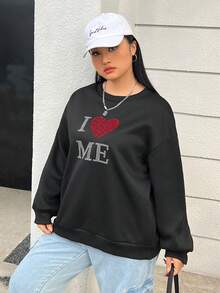 SHEIN EZwear 大尺碼女款黑色針織鑲鑽字母圖案圓領運動衫 - 黑色 - 查看 8