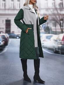 SHEIN LUNE Contrast Color Cinched Waist Padded Padded Coat Clothes Winter - Dark Green - View 3