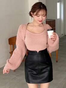 FRIFUL 纯色PU皮裙 冬季女裙 - 黑色 - 查看 4