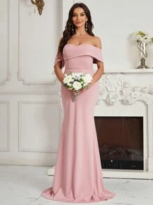 SHEIN Belle Off Shoulder Mermaid Hem Bridesmaid Dress Elegant Dress - Pink - View 3