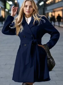 SHEIN LUNE Plus Size Turn Down Collar Double Breasted Coat With Belt - Navy Blue - View 4