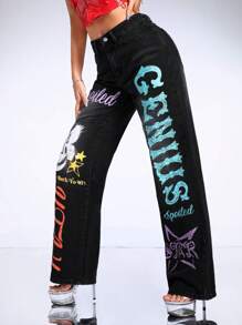 SHEIN ICON Jeans De Pierna Recta Con Gráfico De Letra - Azul - Ver 4