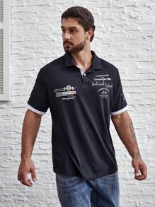 Manfinity Homme 男士大码標語圖案拼接邊POLO衫 - 藍色 - 查看 4